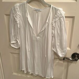 White silky v neck blouse with ruffles and elastic banded sleeves